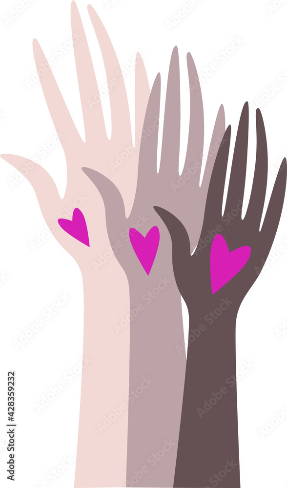 Three human palms of different colors are raised up. Each hand has a heart. Topics of racism, voting, choice and social issues. Three human palms of different colors are raised up. Each hand has a heart. Topics of racism, voting, choice and social issues.