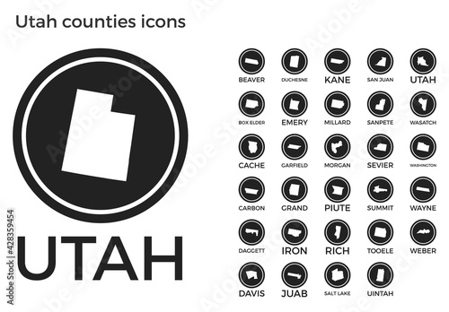 Utah counties icons. Black round logos with US state counties maps and titles. Vector illustration.