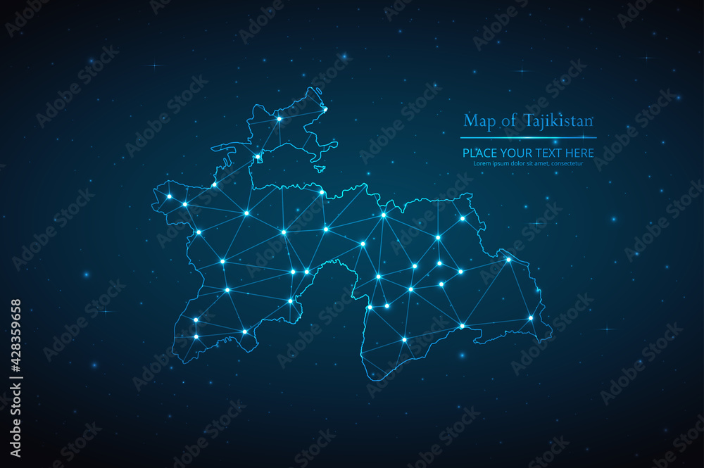 Abstract map of Tajikistan geometric mesh polygonal network line, structure and point scales on dark background. Vector illustration eps 10 Abstract map of Tajikistan geometric mesh polygonal network line, structure and point scales on dark background. Vector illustration eps 10