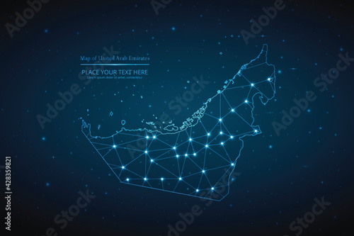 Abstract map of United Arab Emirates geometric mesh polygonal network line, structure and point scales on dark background. Vector illustration eps 10