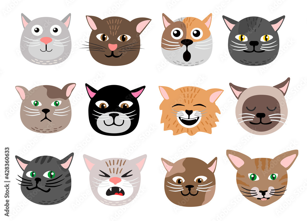 Cute cats face emotions. Funny funny cat characters faces, animals emotion set, happy and angry, sad and haughty mood heads. Isolated vector illustration.