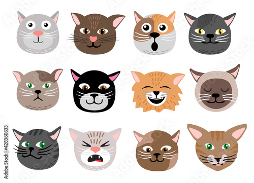 Cute cats face emotions. Funny funny cat characters faces  animals emotion set  happy and angry  sad and haughty mood heads. Isolated vector illustration.