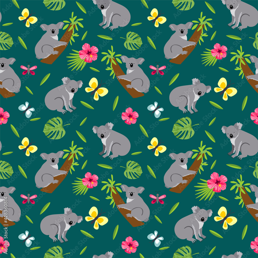 Seamless pattern with cute koala. Koalas seamless background. Australian animal seamless background. Wild koala bear and leaves, flowers vector seamless texture.