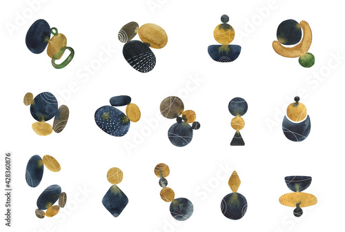 Abstract watercolor shapes isolated on white. Hand drawn geometric illustration in modern style for print, poster, interior design, home decoration and as a graphic element for your design.