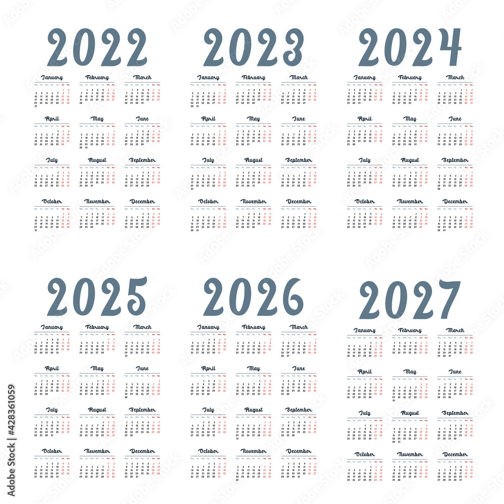 Simple english calendar 2022 - 2027 on white background. Vector ...