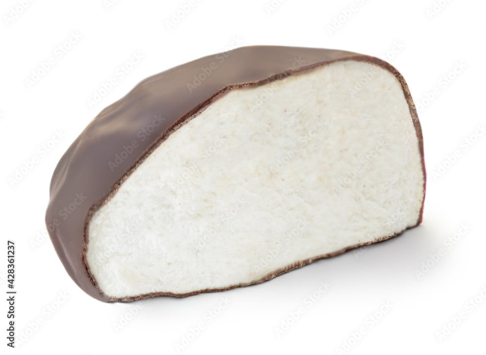Halved Chocolate candy marshmallow (zepfir) isolated on white background. Soft and Sweet marshmallow closeup. Halved Chocolate candy marshmallow (zepfir) isolated on white background. Soft and Sweet marshmallow closeup.