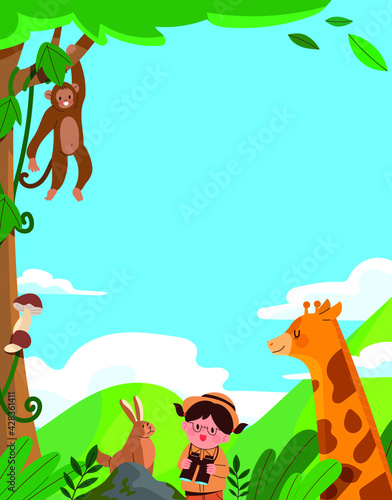 Cute jungle animals and little explorers. Children s Day or nature learning concept vector background illustration.