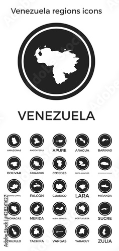 Venezuela regions icons. Black round logos with country regions maps and titles. Vector illustration.