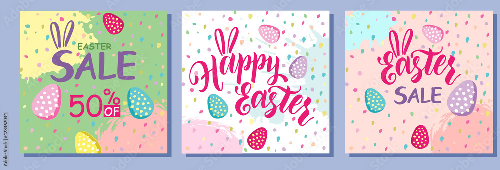 Happy Easter Set of Sale banners, greeting cards, posters, holiday covers. Typography, hand painted plants, dots, eggs, in pastel colors. Modern art minimalist style. Trendy design