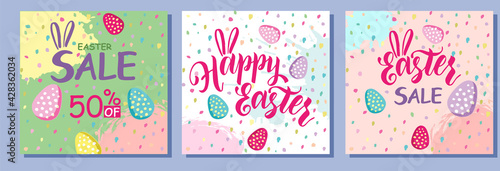 Happy Easter Set of Sale banners, greeting cards, posters, holiday covers. Typography, hand painted plants, dots, eggs, in pastel colors. Modern art minimalist style. Trendy design