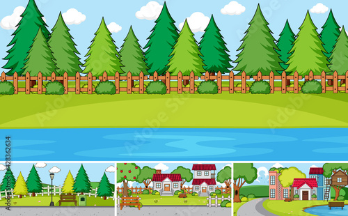 Set of different outdoor house scenes cartoon style