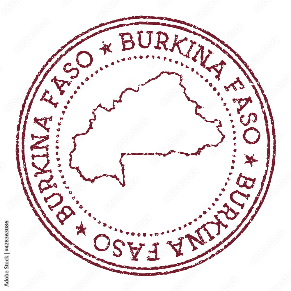 Burkina Faso round rubber stamp with country map. Vintage red passport stamp with circular text and stars, vector illustration. Burkina Faso round rubber stamp with country map. Vintage red passport stamp with circular text and stars, vector illustration.