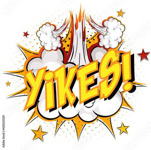 Word Yikes on comic cloud explosion background