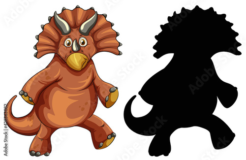 Triceratops dinosaur with its silhouette on white background
