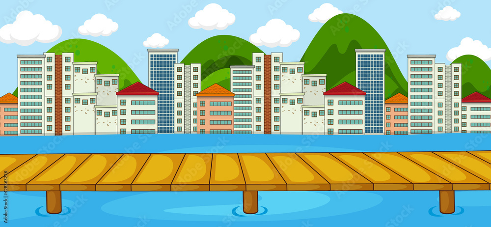 Horizontal scene with river and cityscape background