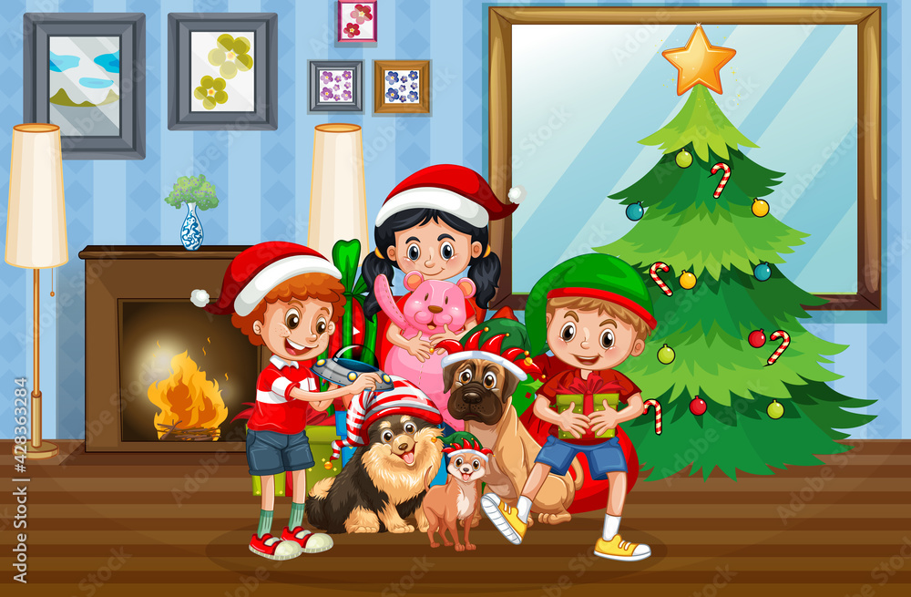 Fototapeta premium Christmas indoor scene with many children and cute dogs