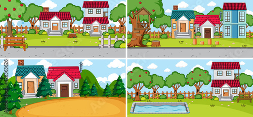 Set of different houses in nature scenes cartoon style