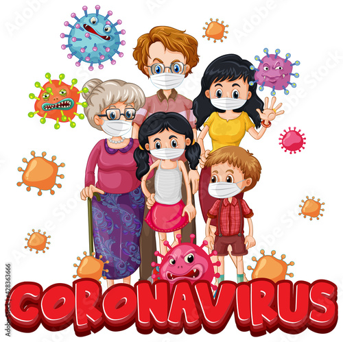 Members of family wearing mask with Coronavirus font