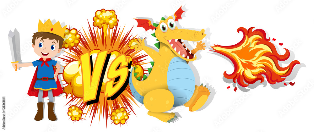 Dragon and knight fighting each other on white background