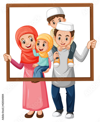 Happy family member holding photo frame