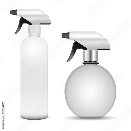 Trigger spray bottle mockup, vector cleaner container. Realistickitchen equipment bottle, bathroom freshener tube illustration, scented cosmetic spray mock up. Clear floor clean