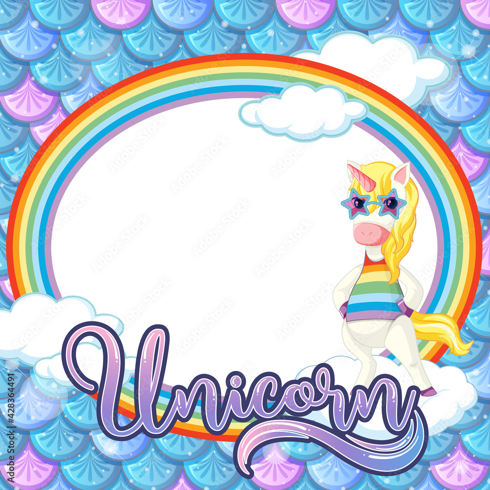 Naklejka premium Oval frame template on blue fish scales background with unicorn cartoon character