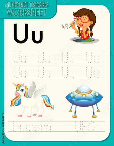 Alphabet tracing worksheet with letter U and u