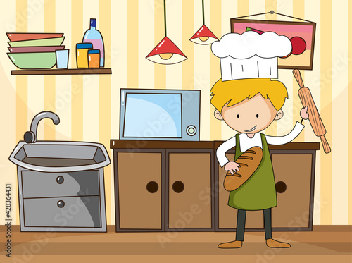 Baker man in the kitchen scene with equipments