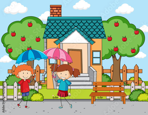 Front of house scene with two kids holding umbrella
