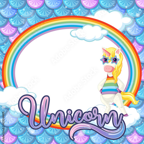 Oval frame template on blue fish scales background with unicorn cartoon character