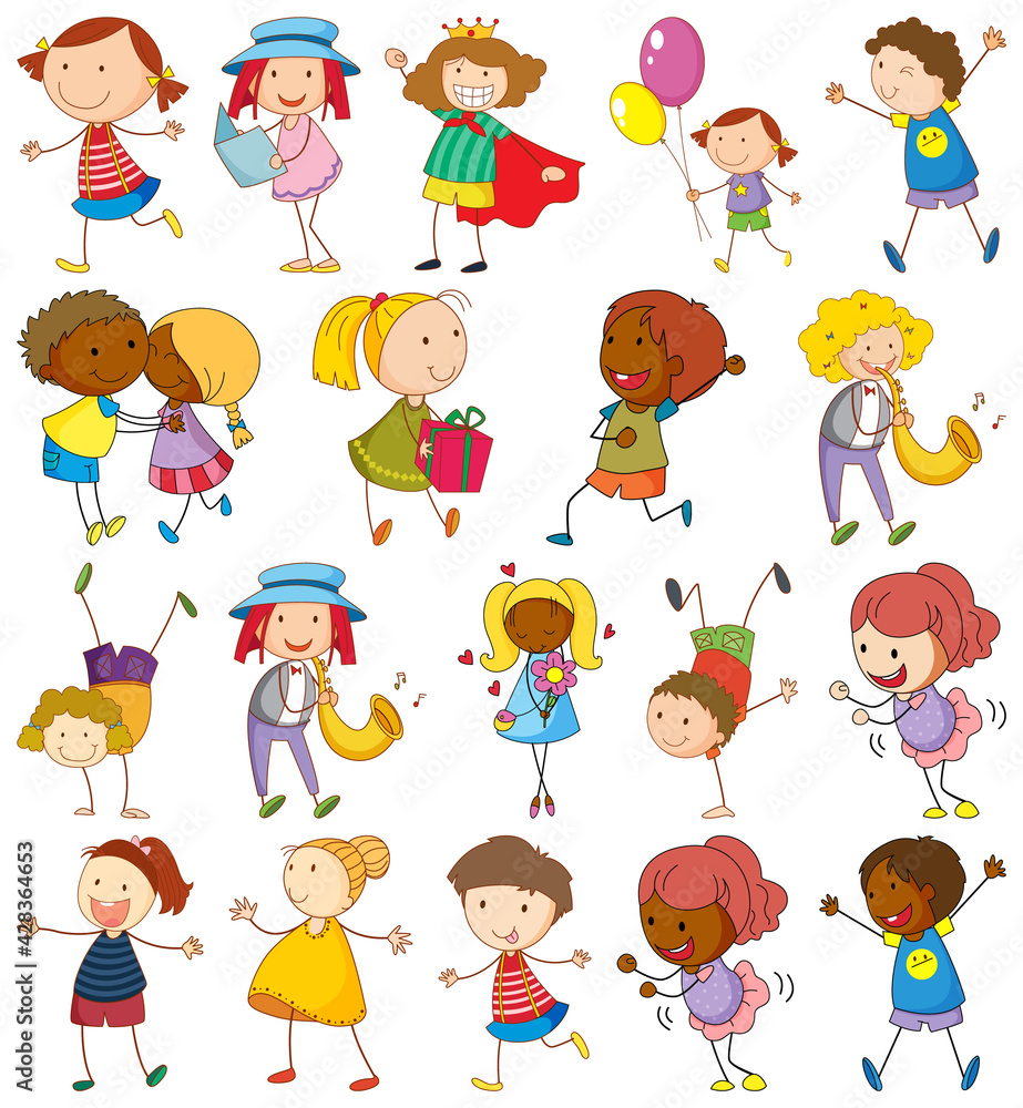 Set of different kids in doodle style Set of different kids in doodle style
