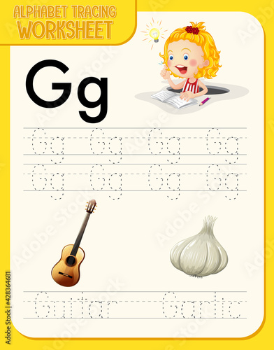 Alphabet tracing worksheet with letter and vocabulary