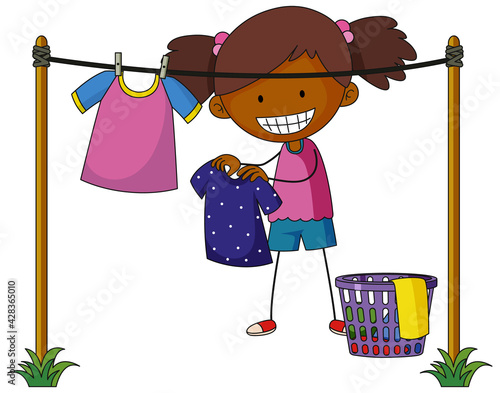 A girl doing laundry outdoor cartoon character isolated