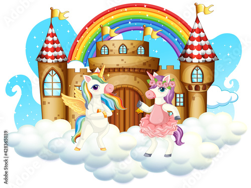 Many cute unicorns cartoon character with castle on the cloud