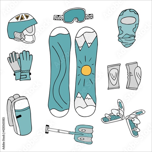 Snowboarding equipment set vector illustration in green and grey colors
