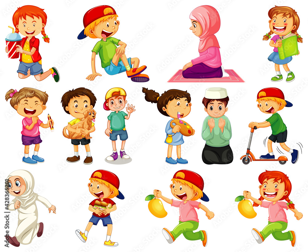 Children doing different activities cartoon character set on white background Children doing different activities cartoon character set on white background