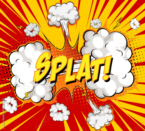 SPLAT text on comic cloud explosion on rays background