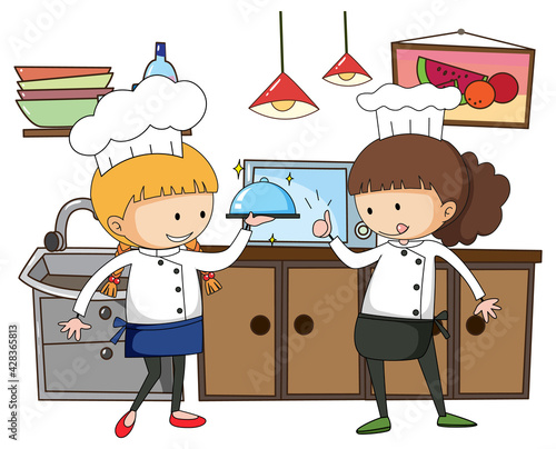 Little chef with kitchen equipments on white background