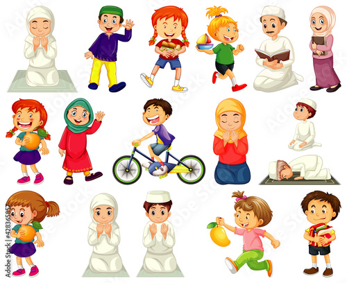 Children doing different activities cartoon character set on white background