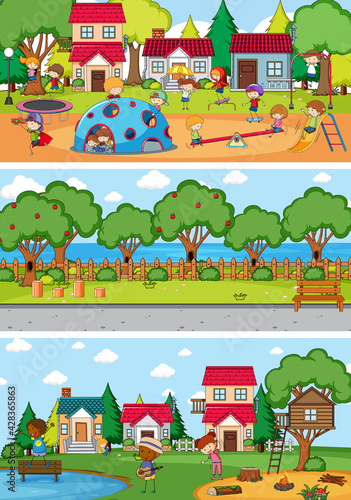 Fototapeta Naklejka Na Ścianę i Meble -  Set of different horizontal scenes background with doodle kids cartoon character