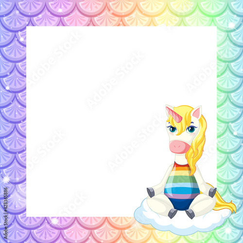 Blank pastel rainbow fish scales frame template with cute unicorn cartoon cha...