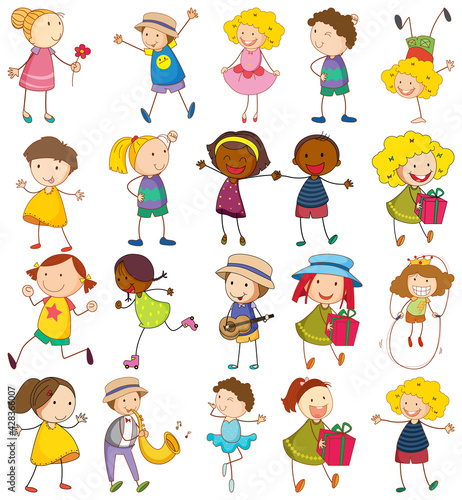 Set of different kids in doodle style