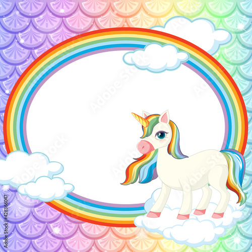 Pastel fish scales texture with rainbow oval frame with unicorn cartoon chara...