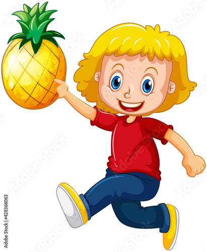 A cute girl holding pineapple cartoon character isolated on white background