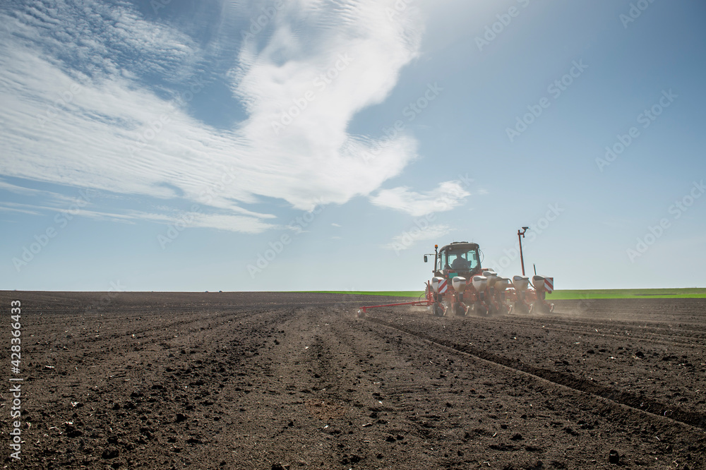 Sowing crops at agricultural fields in spring Sowing crops at agricultural fields in spring