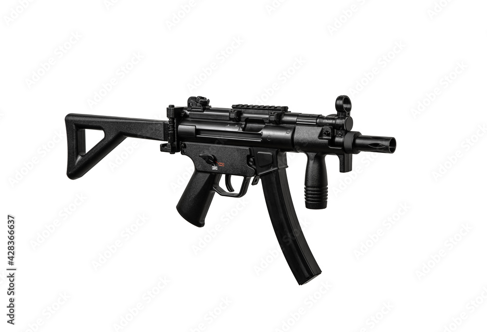 Automatic submachine gun MP 5. Weapons for the police, army and special forces. Exact copy. Isolate on a white back