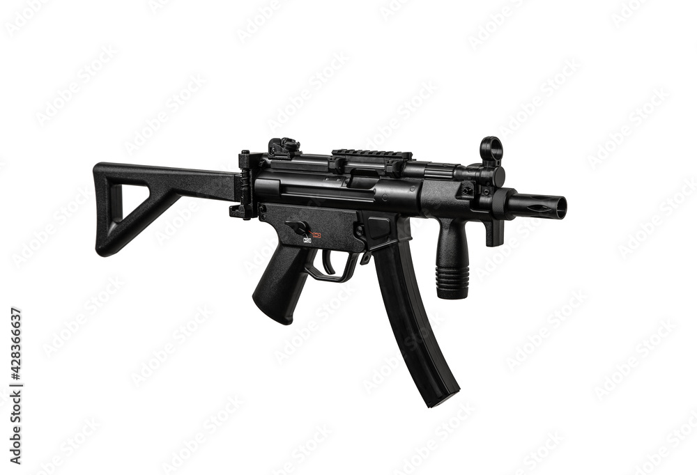 Automatic submachine gun MP 5. Weapons for the police, army and special forces. Exact copy. Isolate on a white back Automatic submachine gun MP 5. Weapons for the police, army and special forces. Exact copy. Isolate on a white back