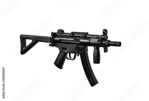 Automatic submachine gun MP 5. Weapons for the police, army and special forces. Exact copy. Isolate on a white back