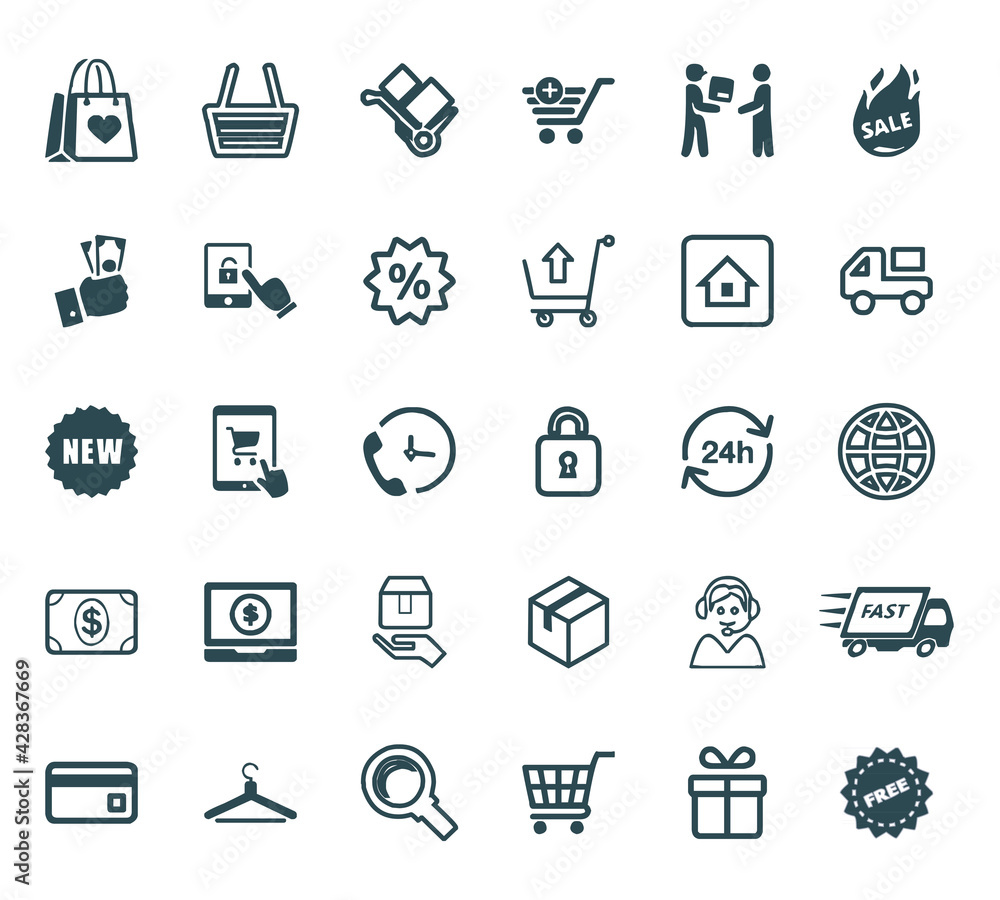 E commerce icon set on white background for website, apps