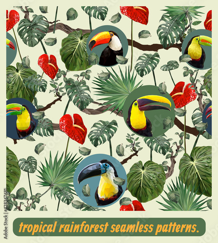 Seamless patterns Amazon tropical rainforest and toucan birds.